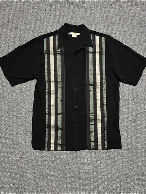 Syllables Vintage 90s Black Button-Up Shirt with Olive Green & Cream Stripes